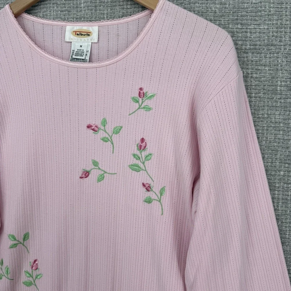 Vtg Talbots Dress Womens M Pink Floral Shift Midi Embroidered Cottagecore Cotton